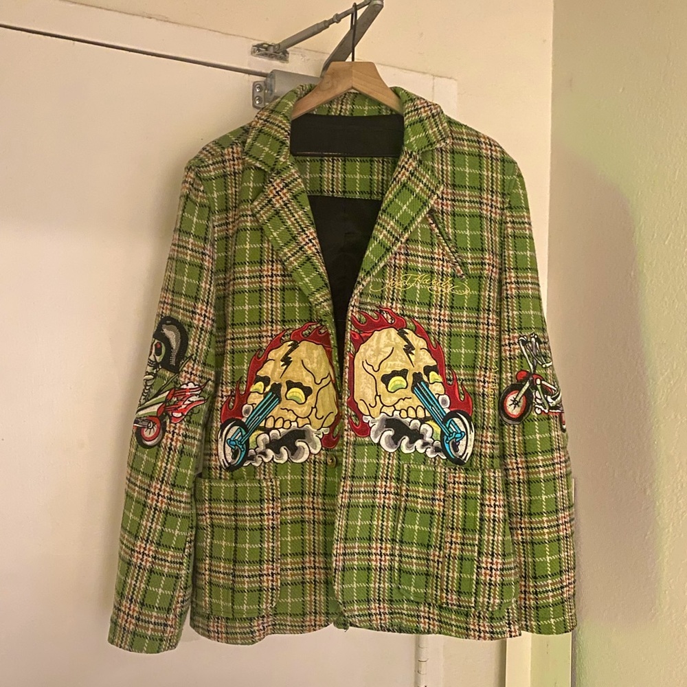 Ed Hardy Christian Audigier Oversized Green Plaid Blazer